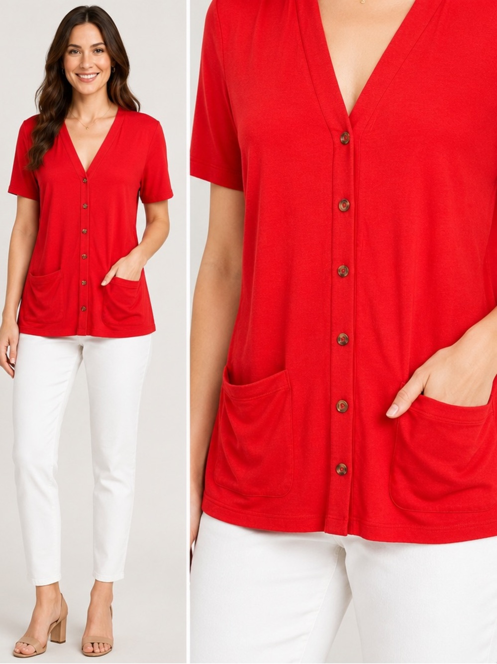 New Agnes & Dora Bright Red Short Sleeve Button Down Shirt Cardigan w Pockets S